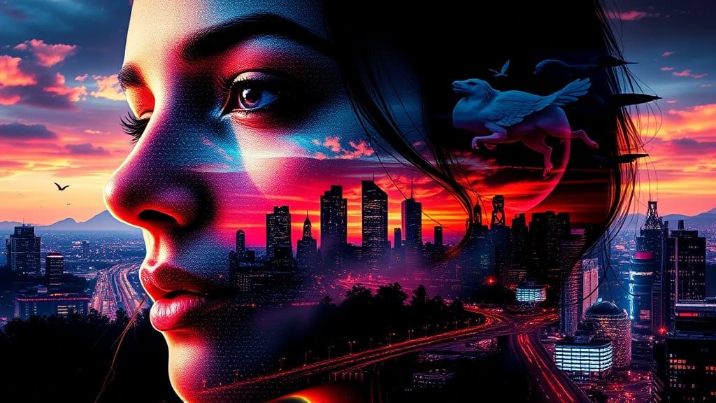 Halftone Woman Double Exposure in Op Art Style