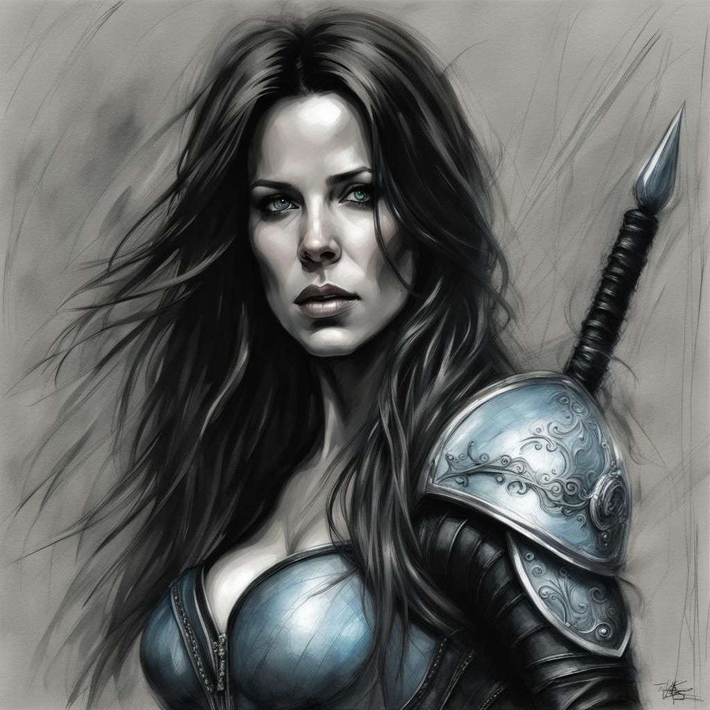 Warrior Princess in Leather Corset, Charcoal Sketch