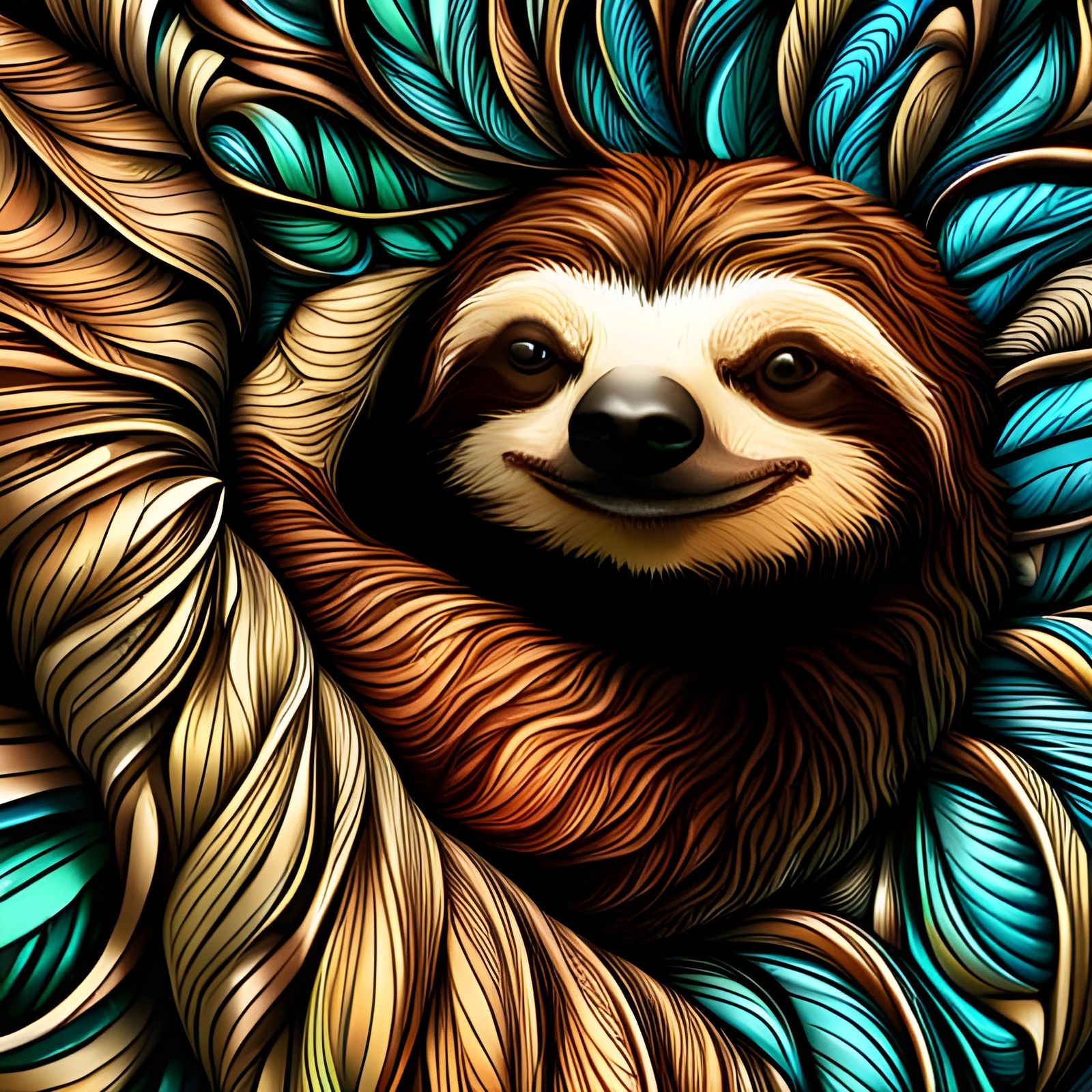 Detailed Sloth with Abstract Fractal Ornaments