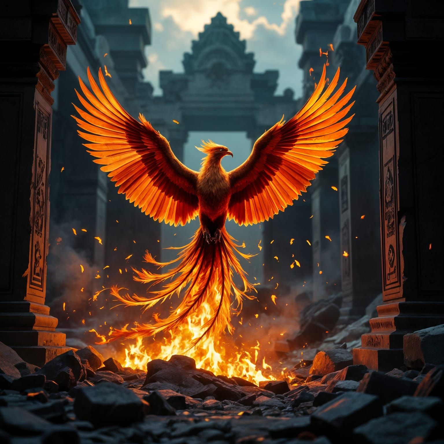 Phoenix Rebirth From Ruined Temple in Cinematic Style