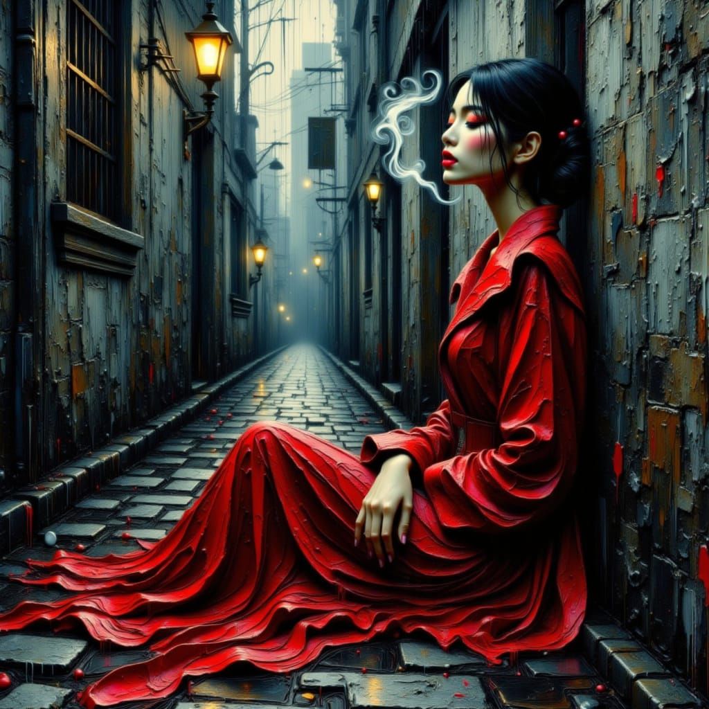 Woman in Crimson Coat in Rainy Alley at Dusk
