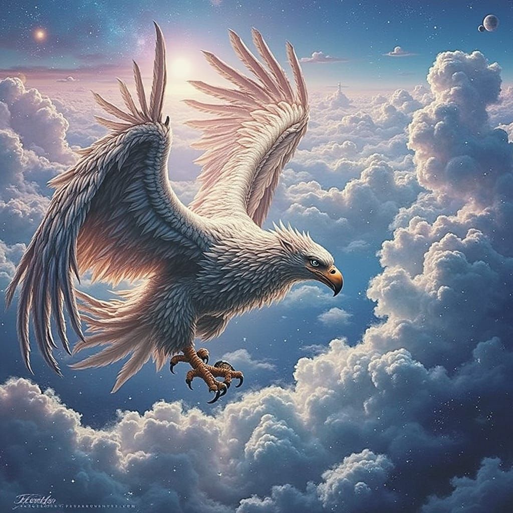 Majestic Griffin Soaring Through Cosmic Nebula Sky