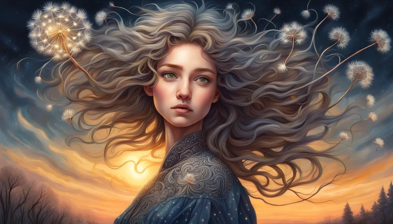 Fantasy Dandelion Girl Portrait in Watercolor Style