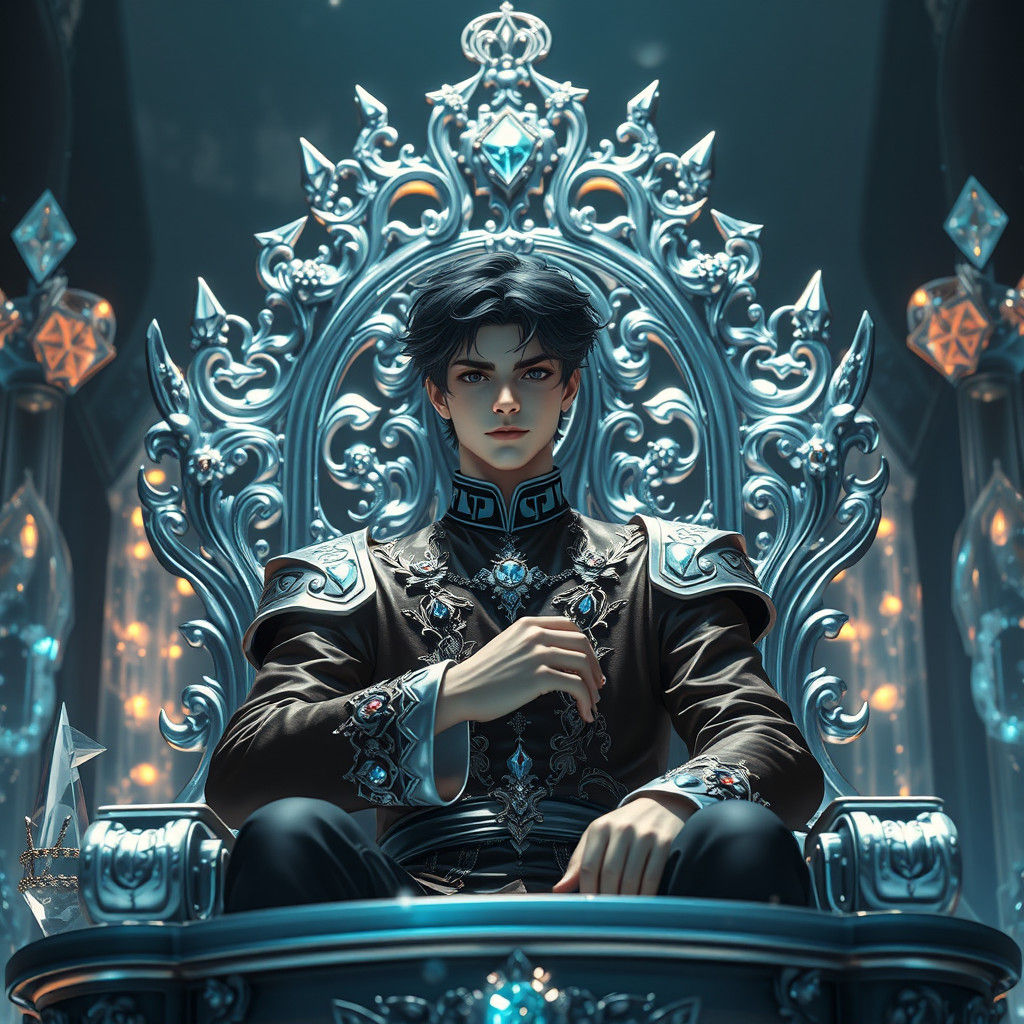 Dark-Haired Prince on Ornate Silver Throne in Manga Style