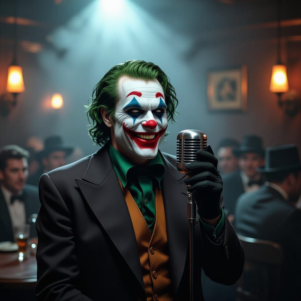 Anthropomorphic Joker Croons in Film Noir Speakeasy