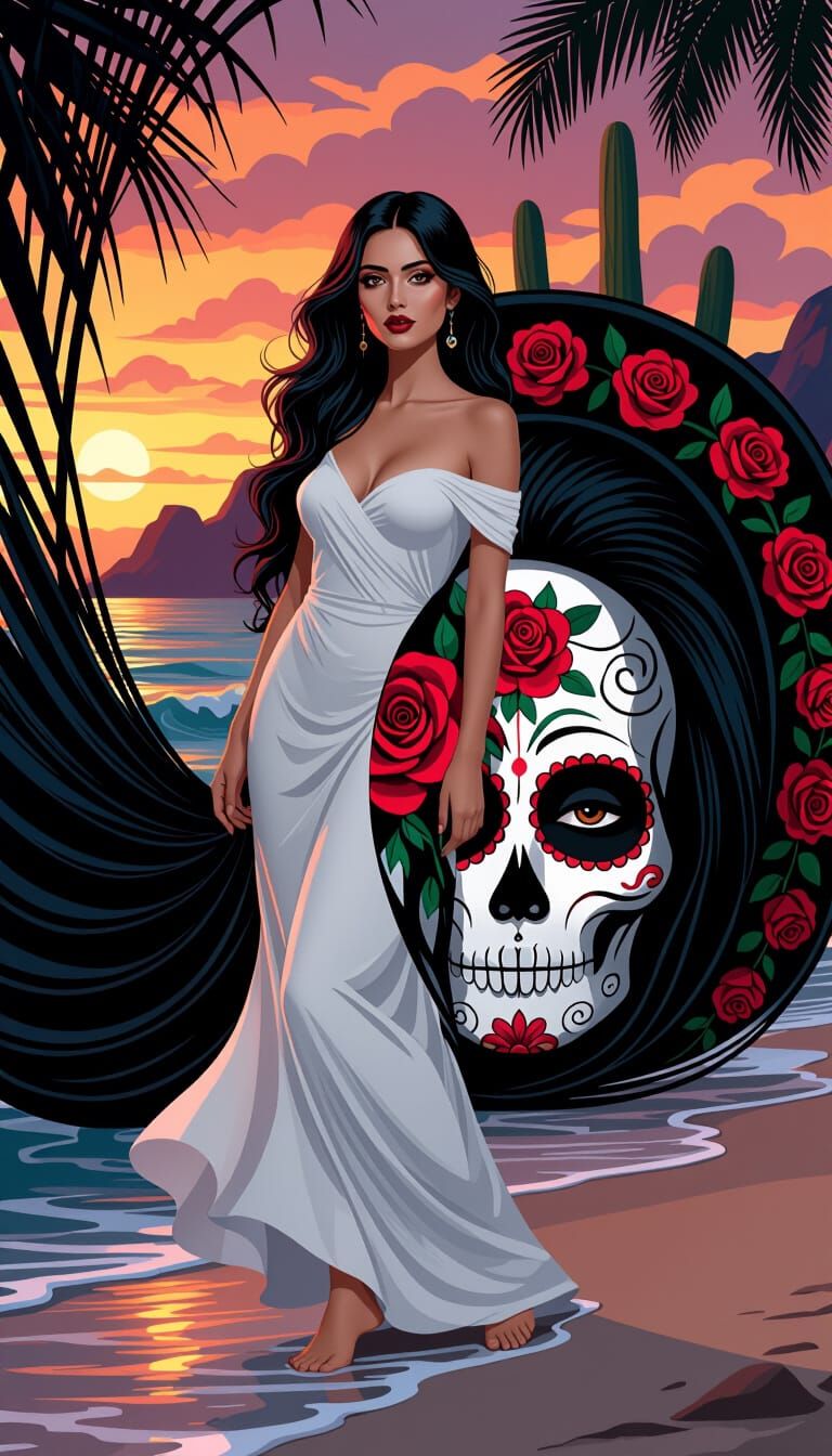 Woman in White Dress on Beach at Sunset