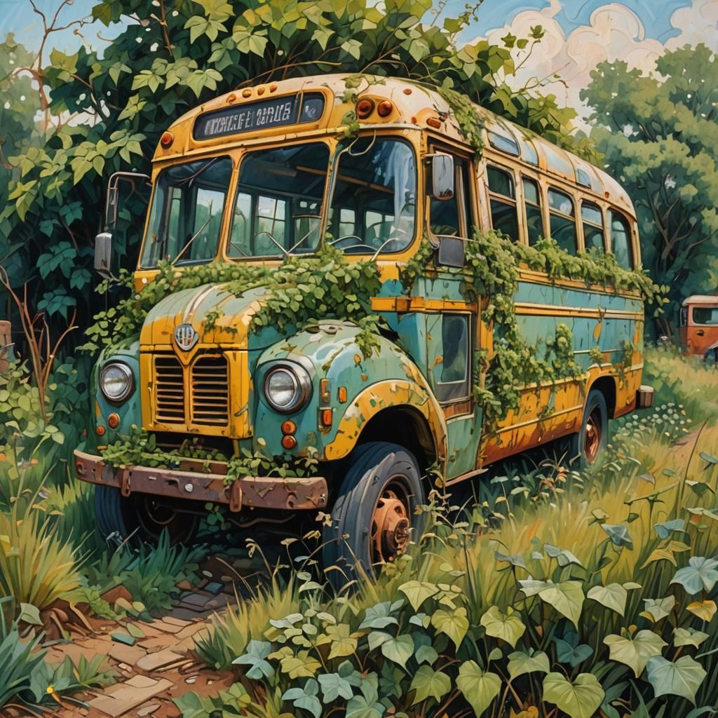 Old School Bus in Abandoned Field: Neo-Impressionist Oil Pai...