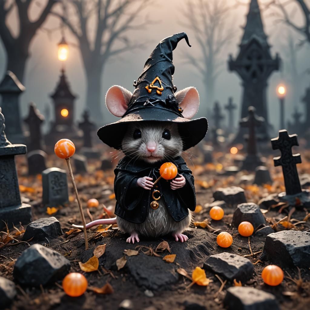 Chibi Mouse in Graveyard: Hyperrealistic Halloween Photograp...