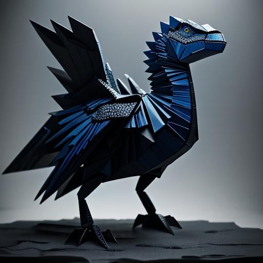 Origami Style Plastic Dinosaur with Obsidian Feathers