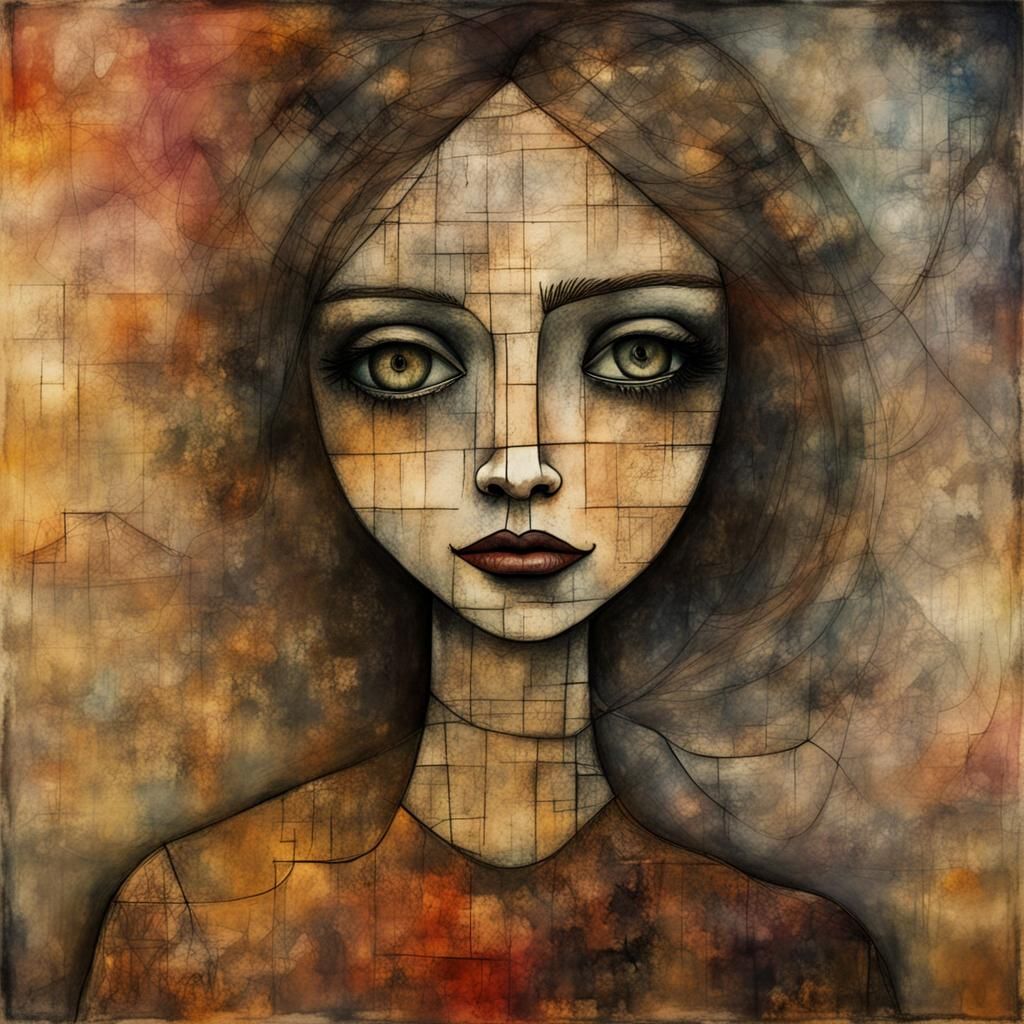 Mysterious Girl Portrait in Patchwork Nostalgia