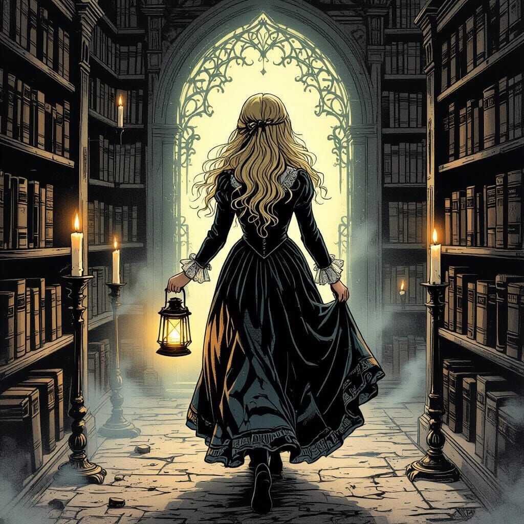 Gothic Horror: Woman with Lantern in Library