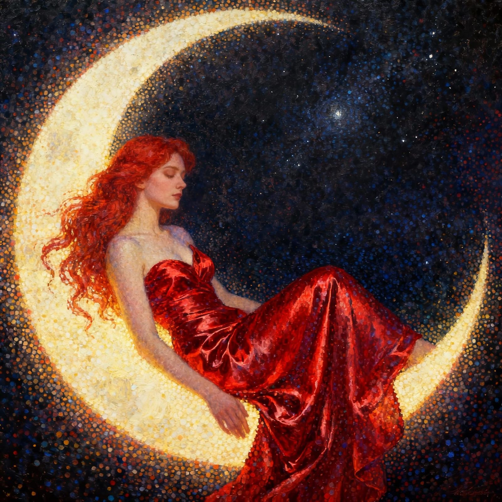 Woman in Red Gown Reclining on Radiant Crescent Moon