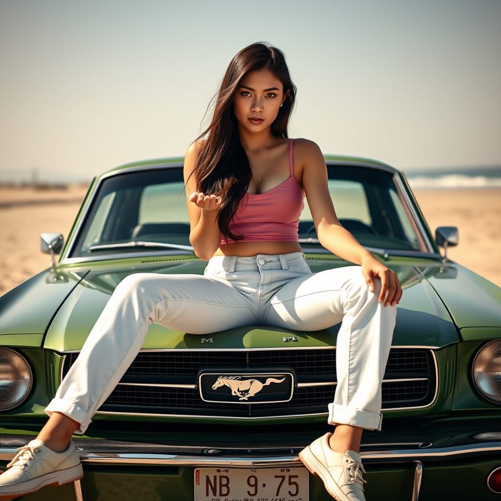 Girl on Vintage Mustang, Dramatic Lighting
