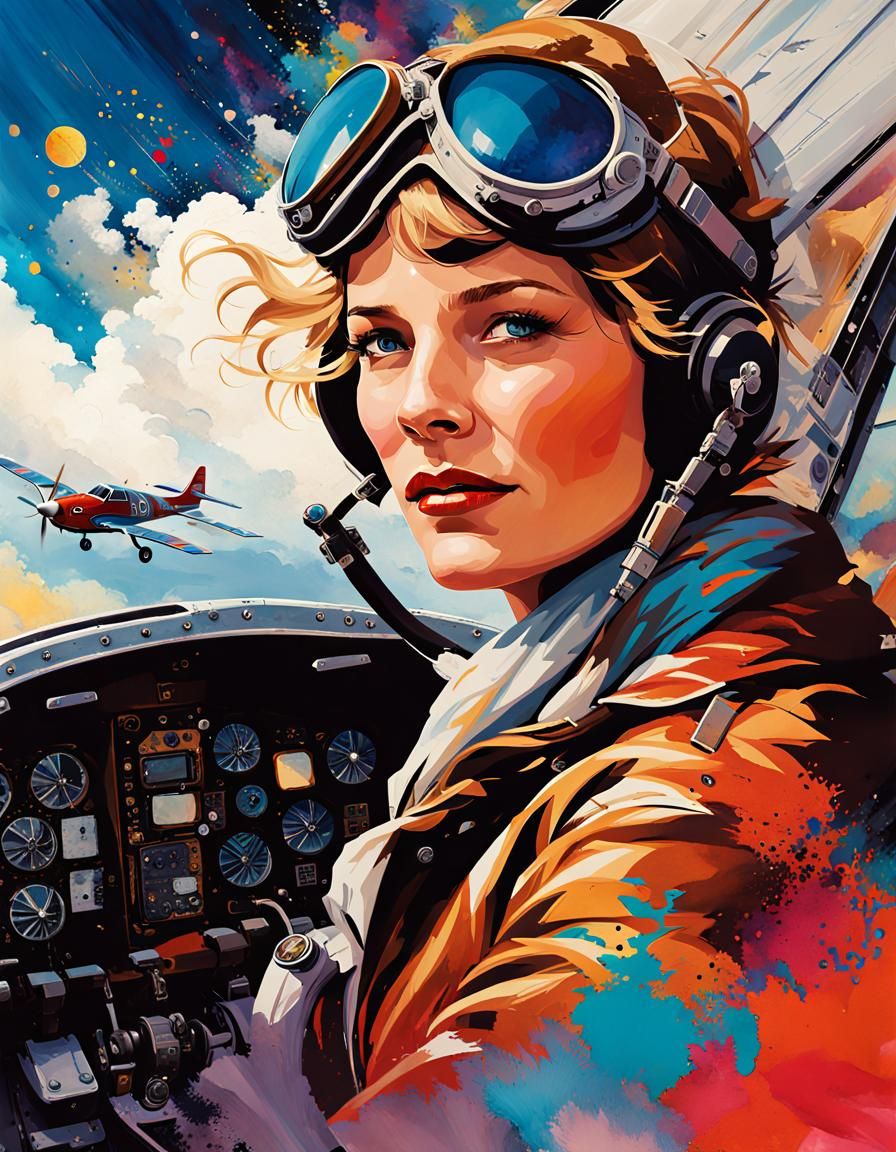 Amelia Earhart Soaring Through a Metallic Storm