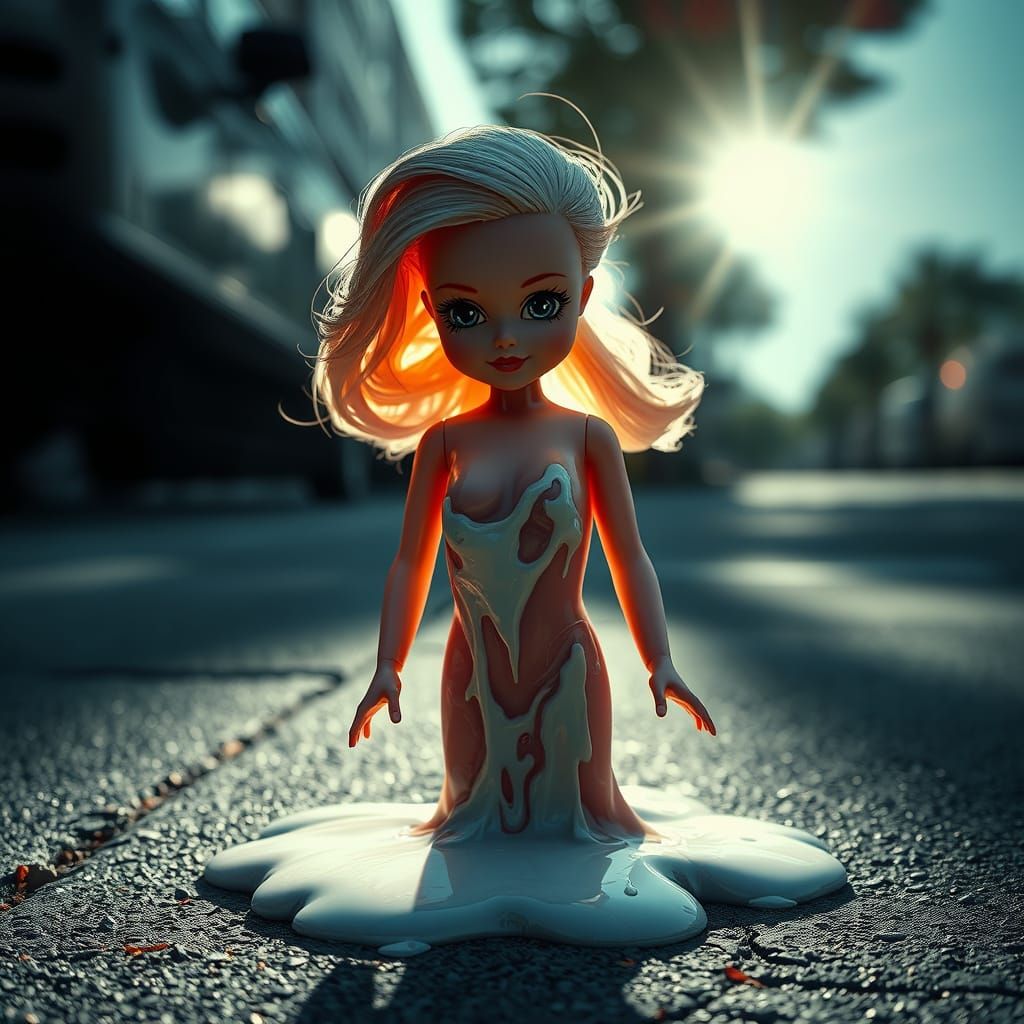 Distorted Barbie Figure in Hyper-Realistic Melting Scene