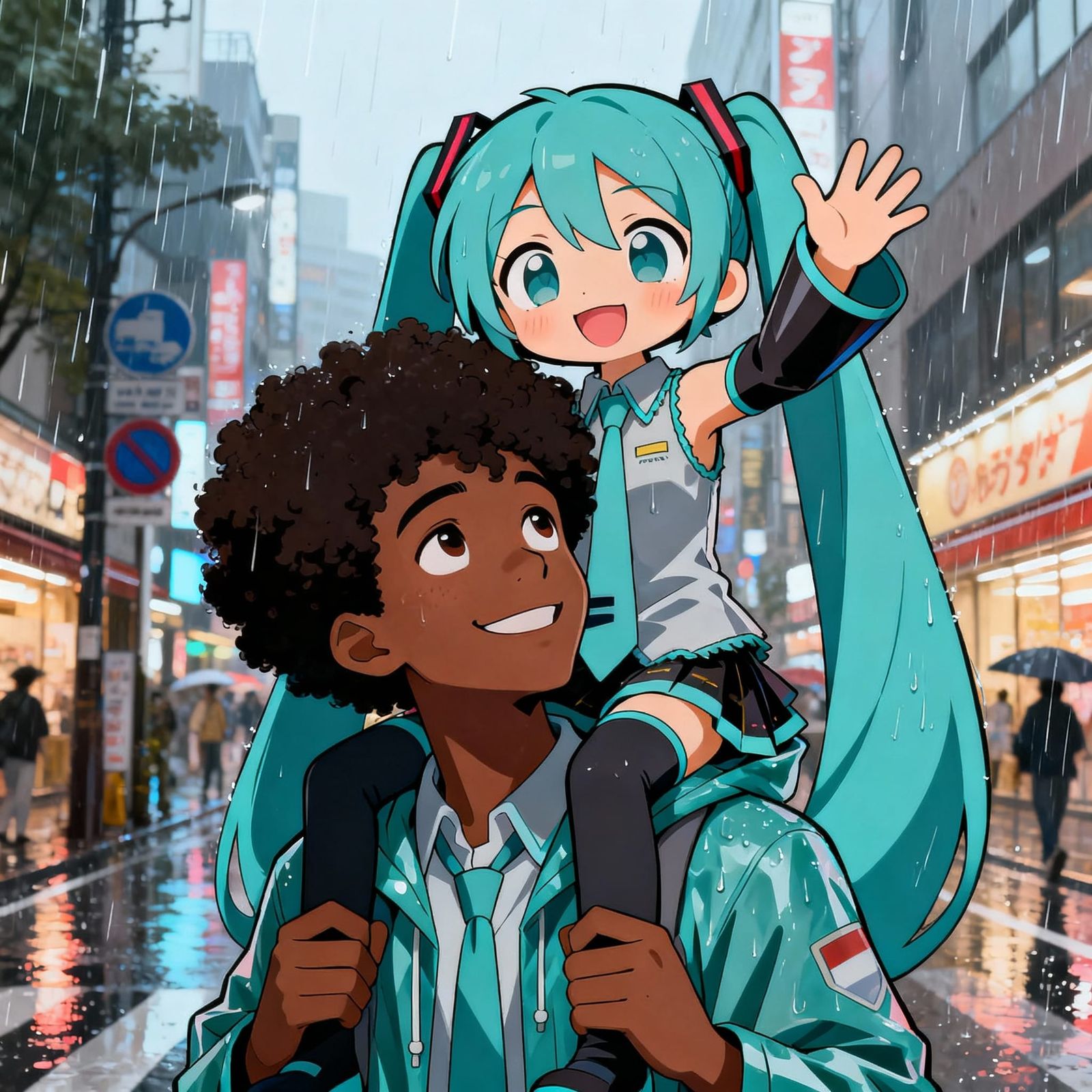 Chibi Miku on College Boy's Shoulder in Rainy City