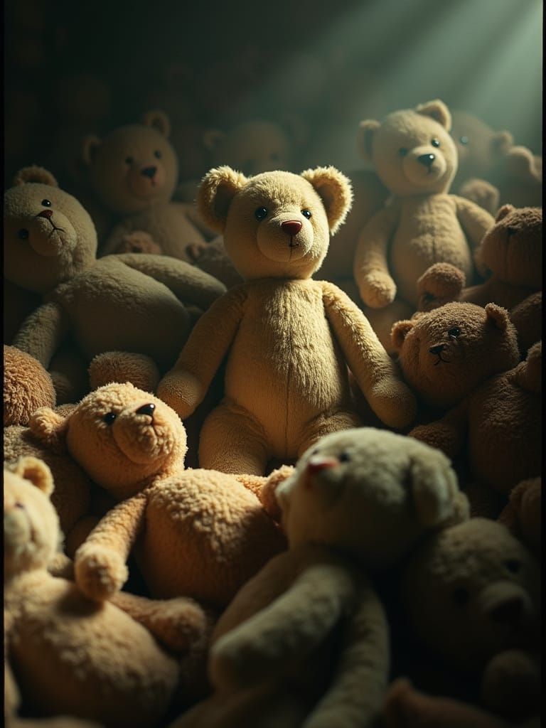 Worn Stuffed Animals Under Flickering Light