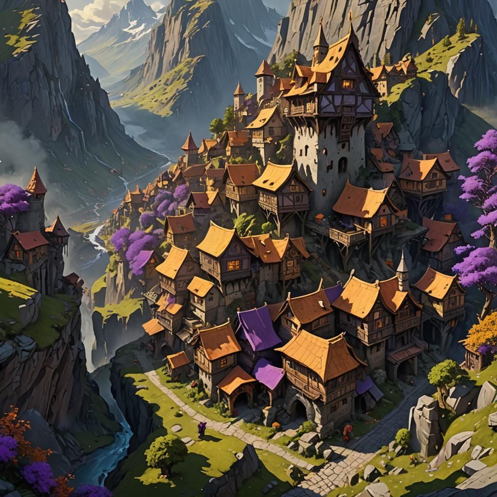 Giant Man Destroys Dwarf Village in Dark Fantasy Style