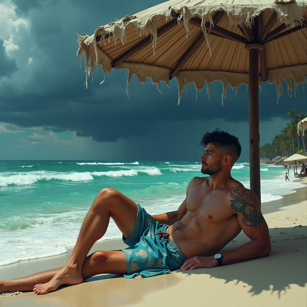 Muscular Man on Beach Under Stormy Sky