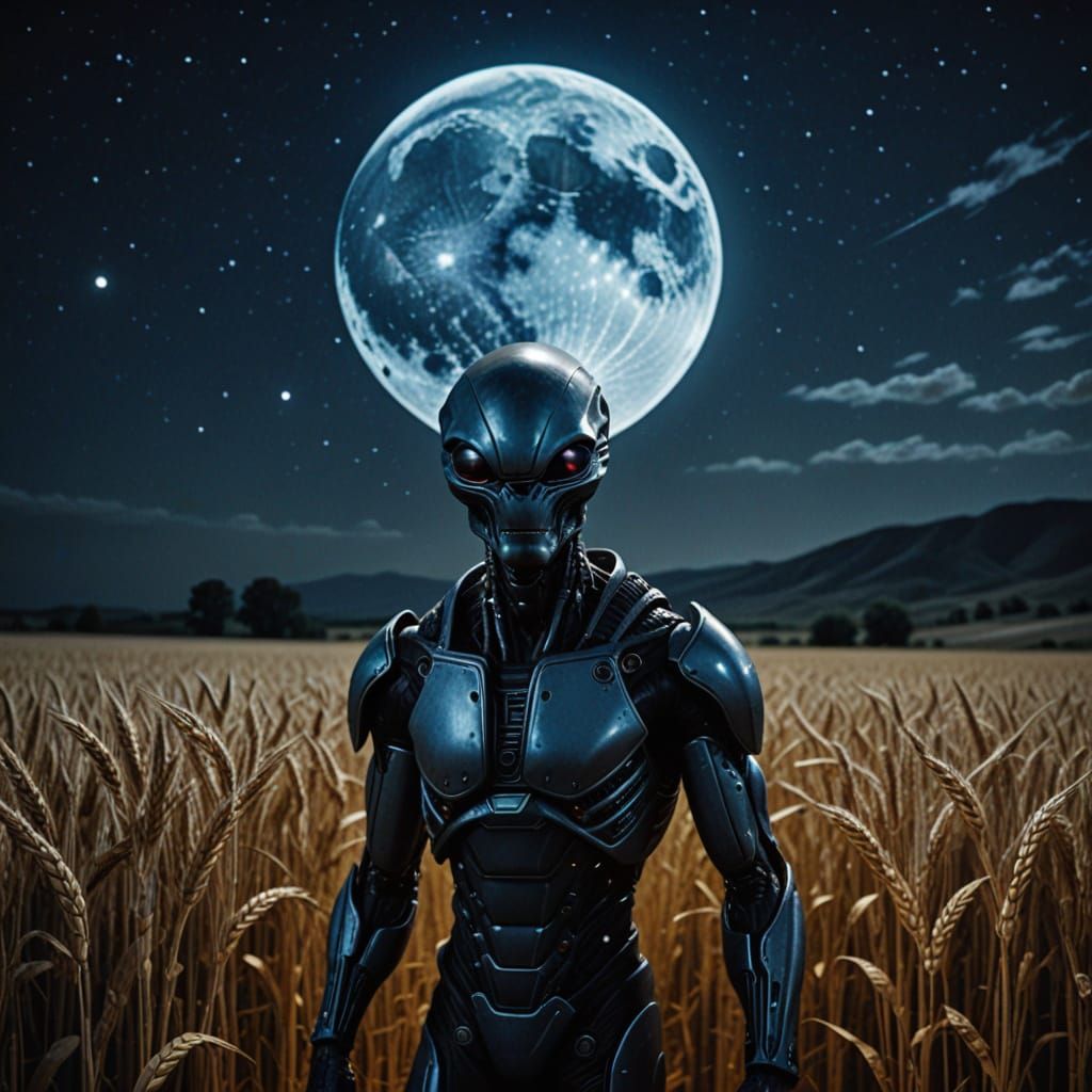 Ethereal Gray Alien in a Wheat Field, Running Towards a Star...