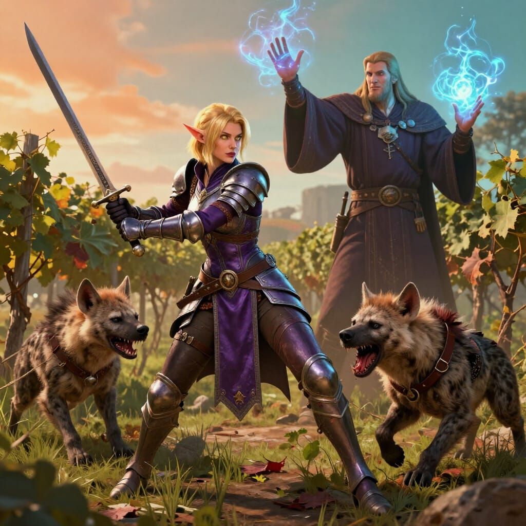 Elf Warrior and Priest Battle Hyenas in Vineyard