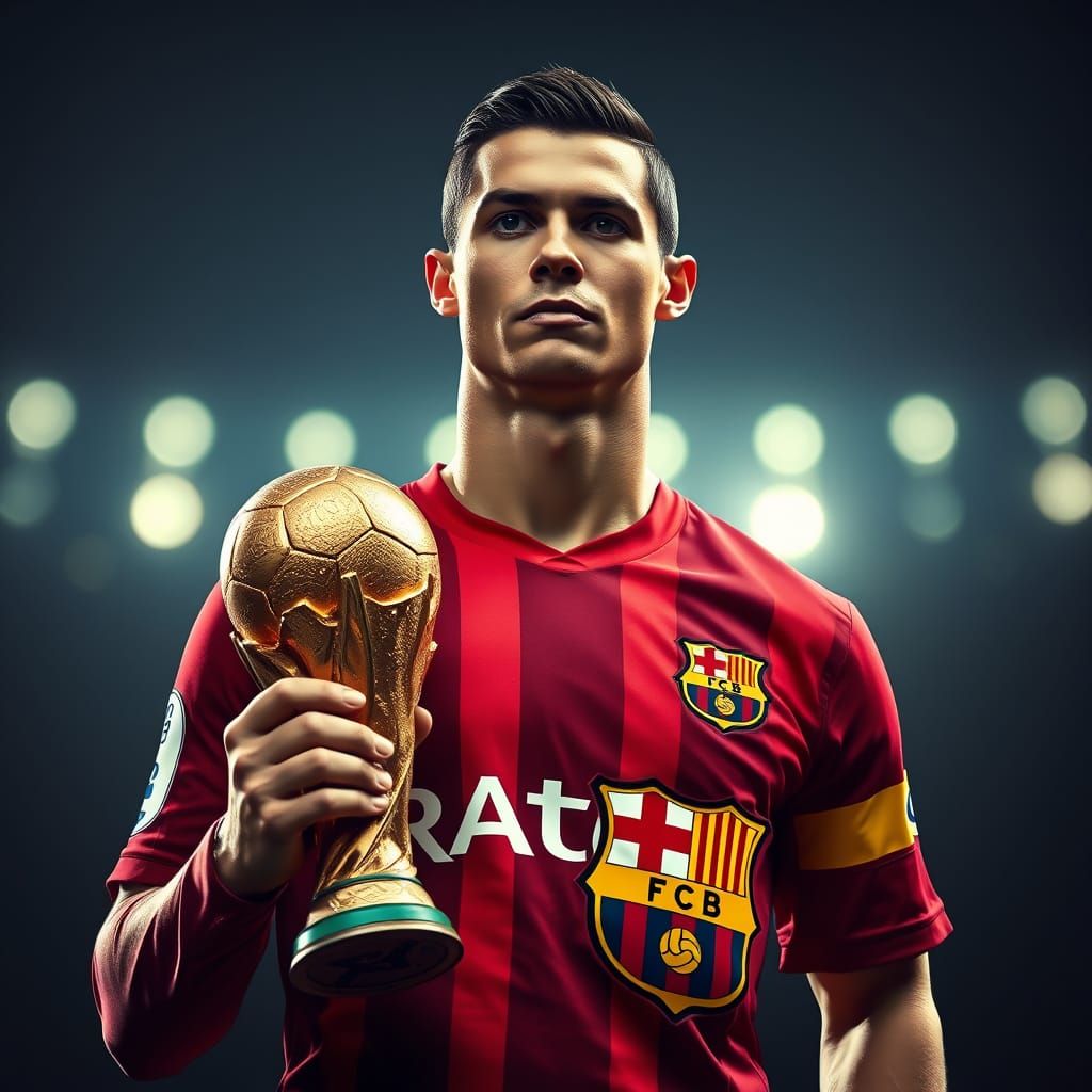 Ronaldo in Barcelona Jersey with World Cup Trophy