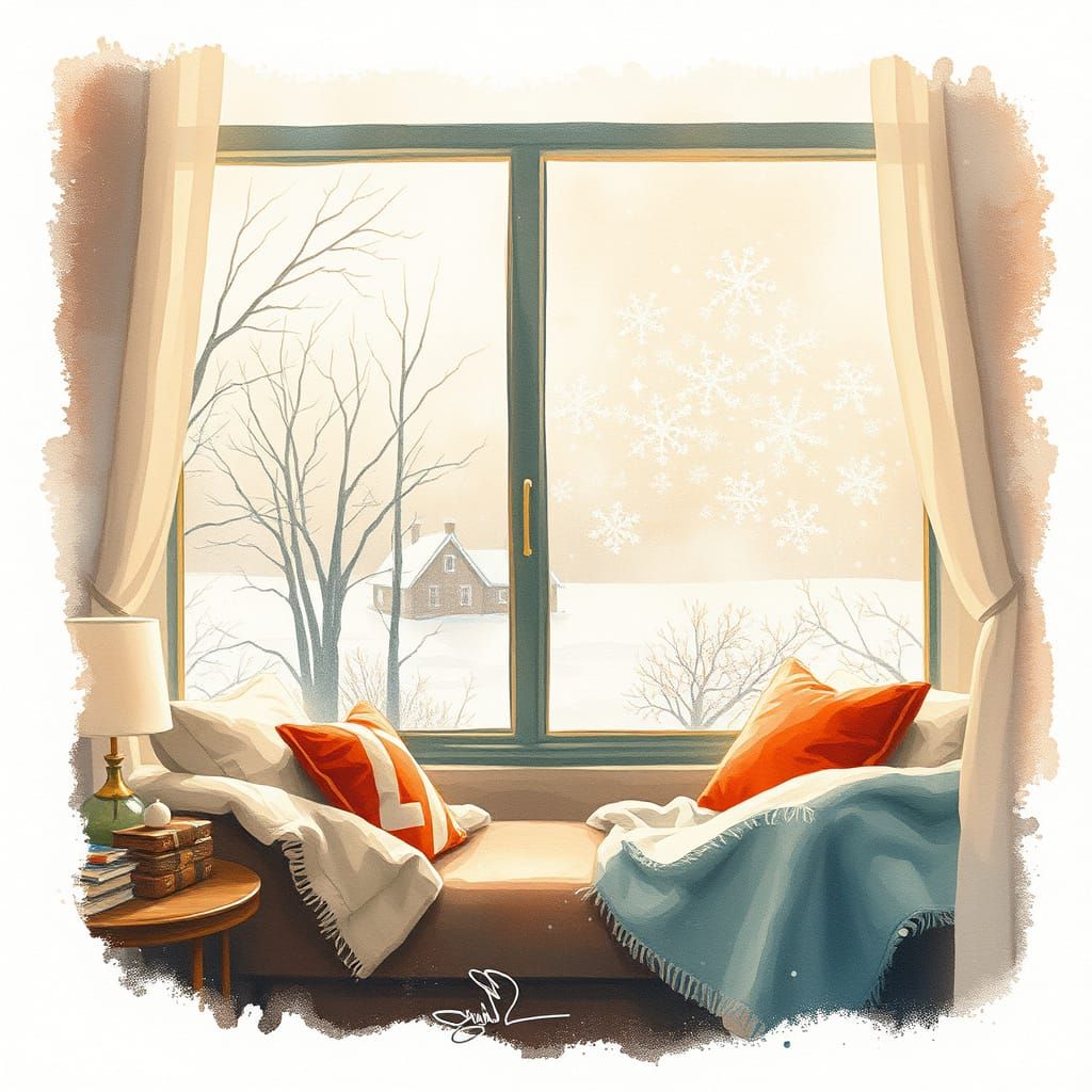 Cozy Winter Living Room Scene in Watercolor Style