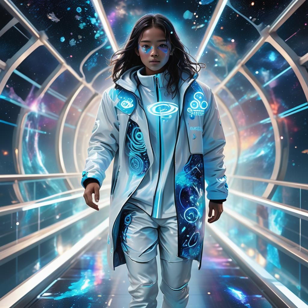 Futuristic Figure Walks on Galactic Glass Bridge