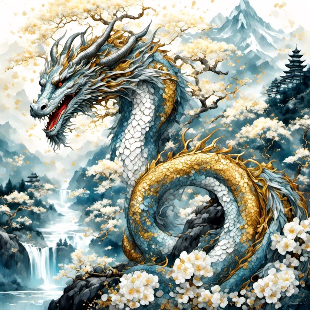 Iridescent Oriental Dragon Watercolor Illustration
