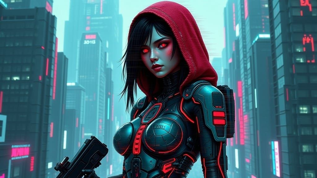 Lethal Geisha Cyborg Assassin in Cyberpunk Dystopia