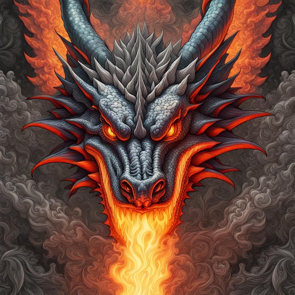 Kaleidoscopic Dragon Breathing Fire in Dark Fantasy Style