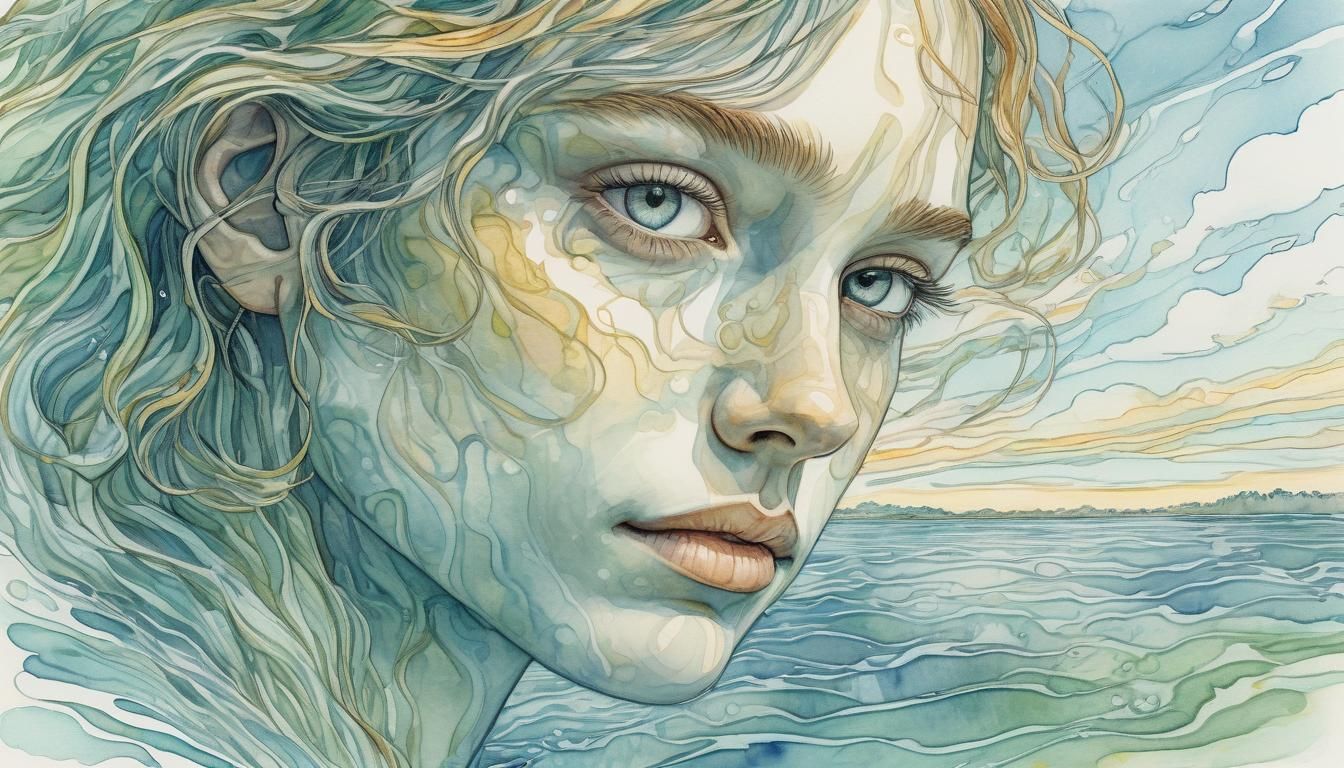 Introspective Face in Watercolor Line Drawing