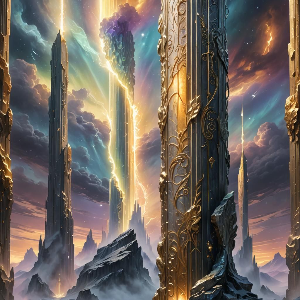 Mystical Silver and Gold Column in Fantasy Landscape