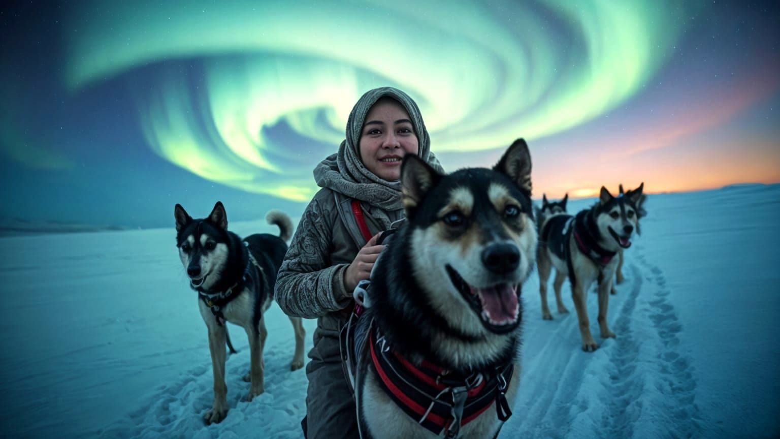 Woman Dogsledding Under Northern Lights: Cinematic Film