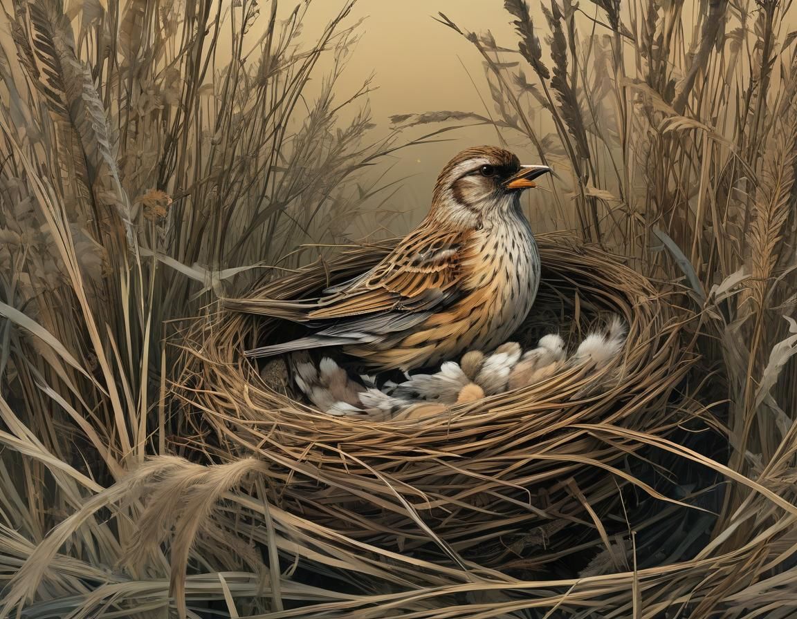 Bird Nesting in Reeds: Whimsical Dreamlike Illustration