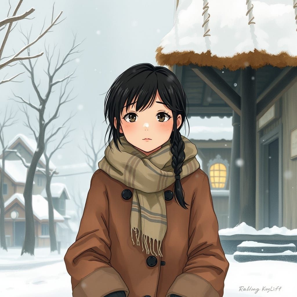 Snowy Village Scene in Watercolor Style