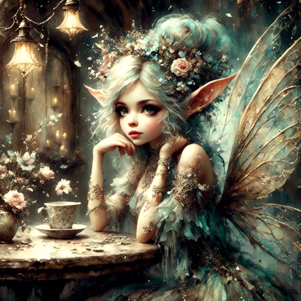 Cute Pixie in Cafe, Oil Painting Style