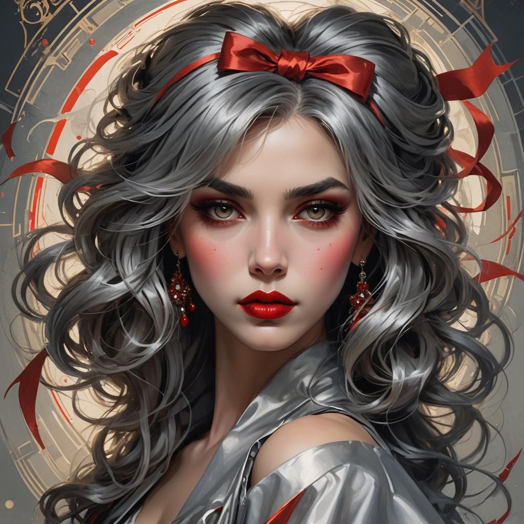 Stunning Woman Portrait with Grey Hair and Red Lips