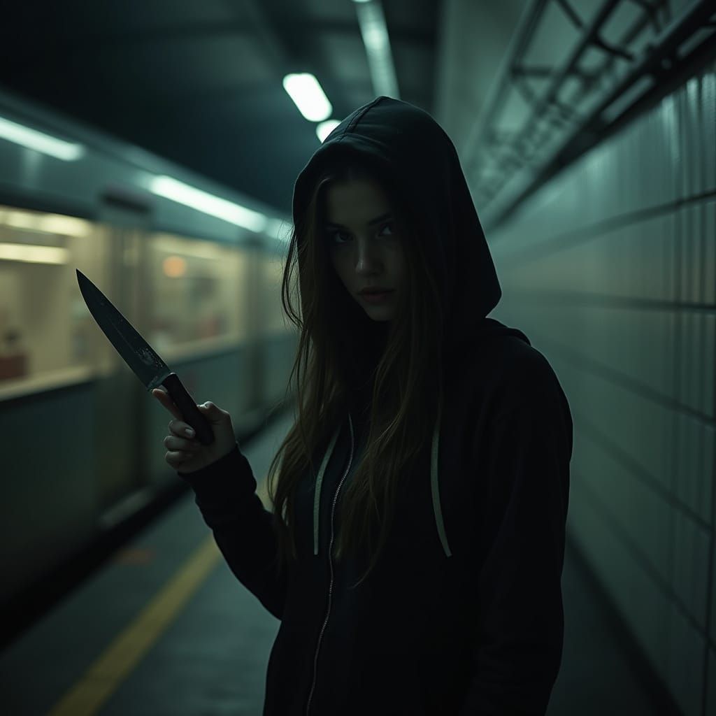 Gritty Urban Woman in Shadows, Metro Tunnel at Night