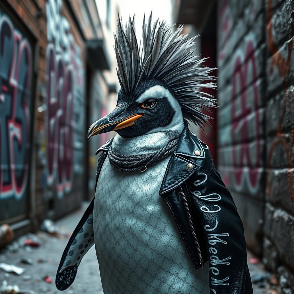 Punk Rock Penguin in Graffiti Alleyway - Photorealistic