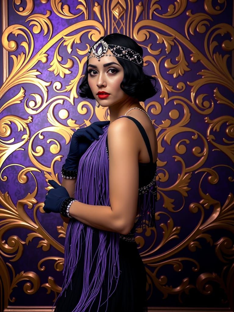Lavender and Black 1920s Flapper in Art Deco Style