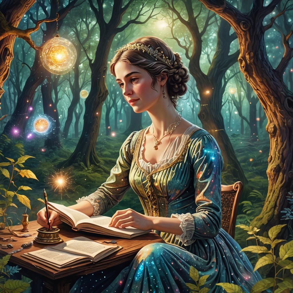 Jane Austen Writing, Astral Cosmic Illustration