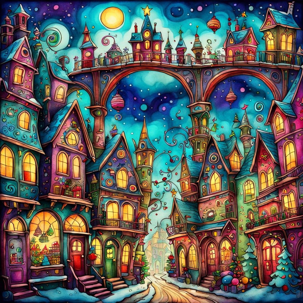 Whimsical Christmas Town Doodle Art