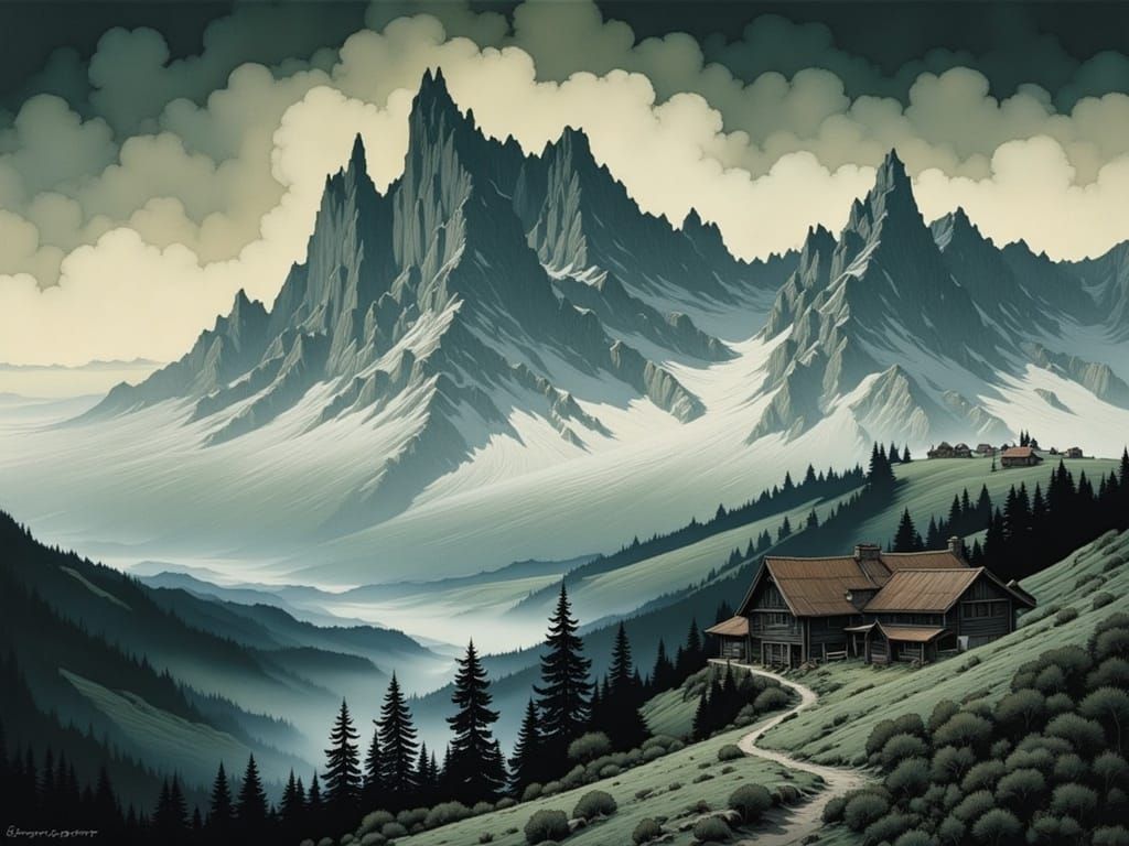 Ethereal Mountain Scene in a Forgotten Era