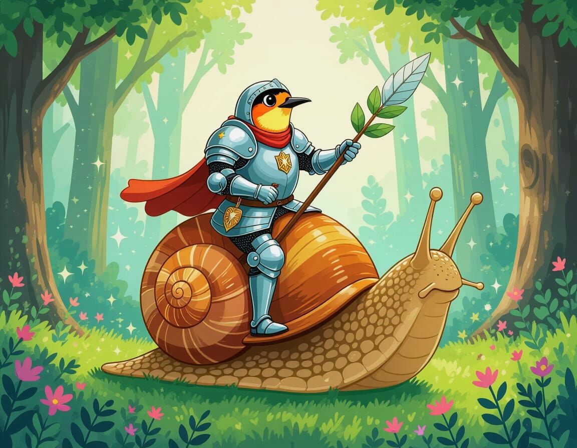 Majestic Robin Knight Rides Snail: Artistic Portrait