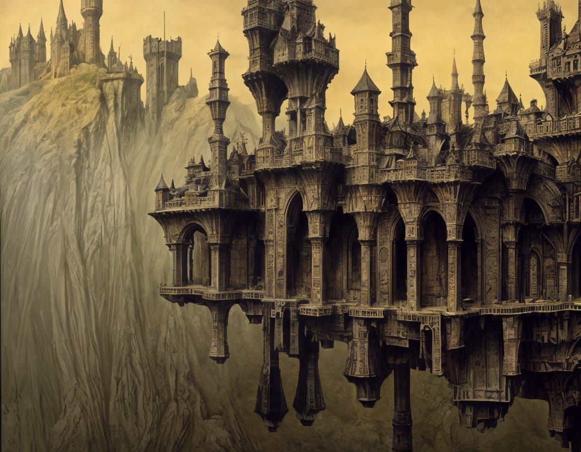 Floating Castle with Intricate Drawbridges and Moats in a Dr...