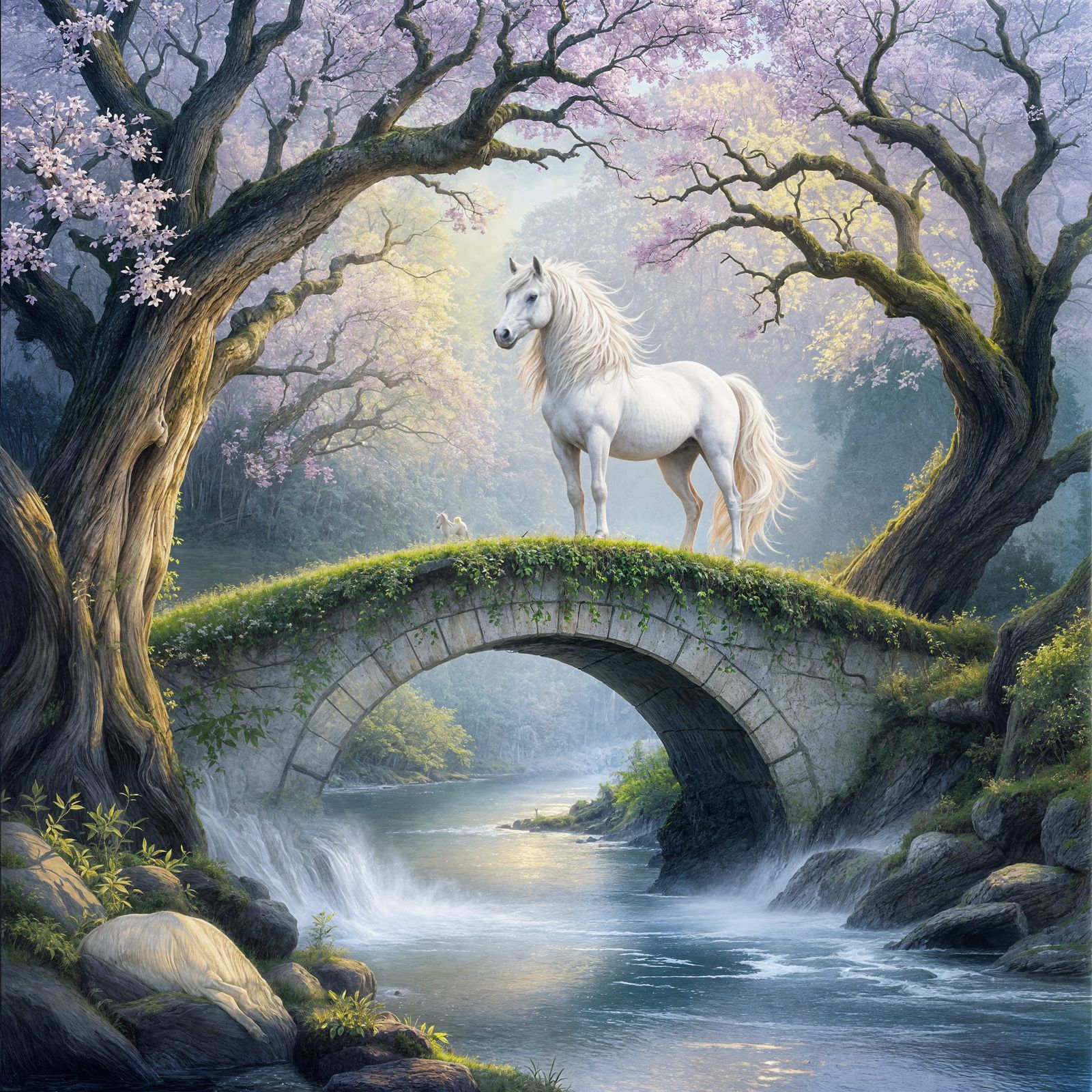 White Horse on Bridge in Twilight Mist