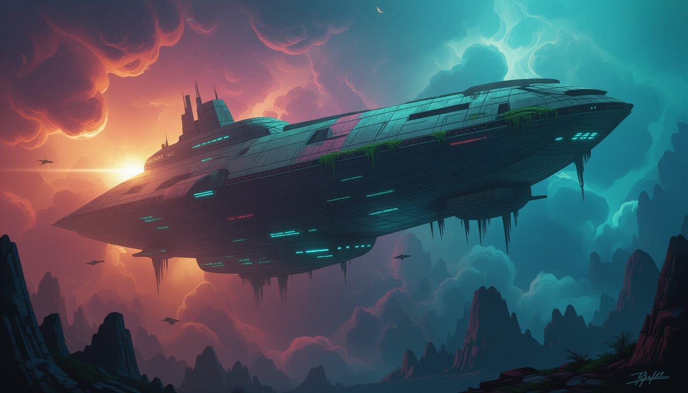Ancient Spaceship Drifts Through Nebula in Dark Fantasy Styl...