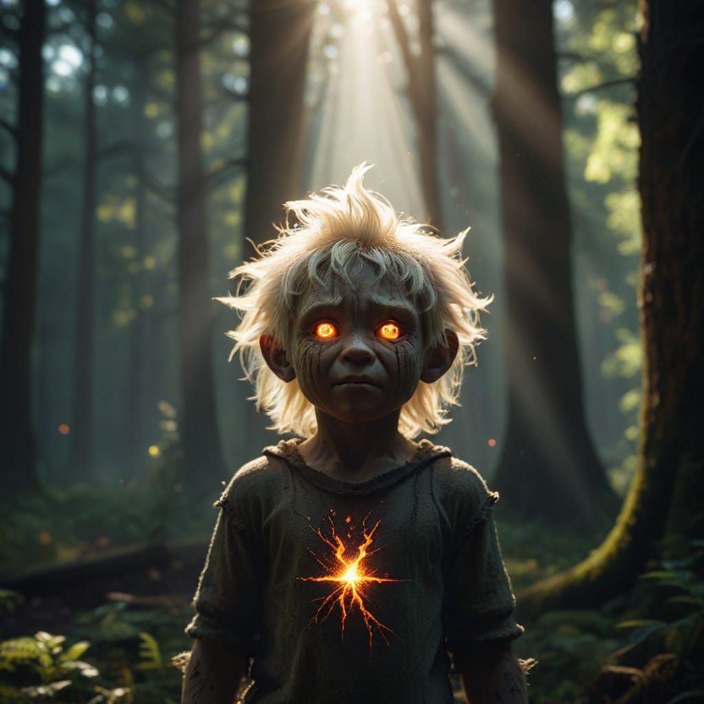 Child Troll in Dark Forest with God Rays