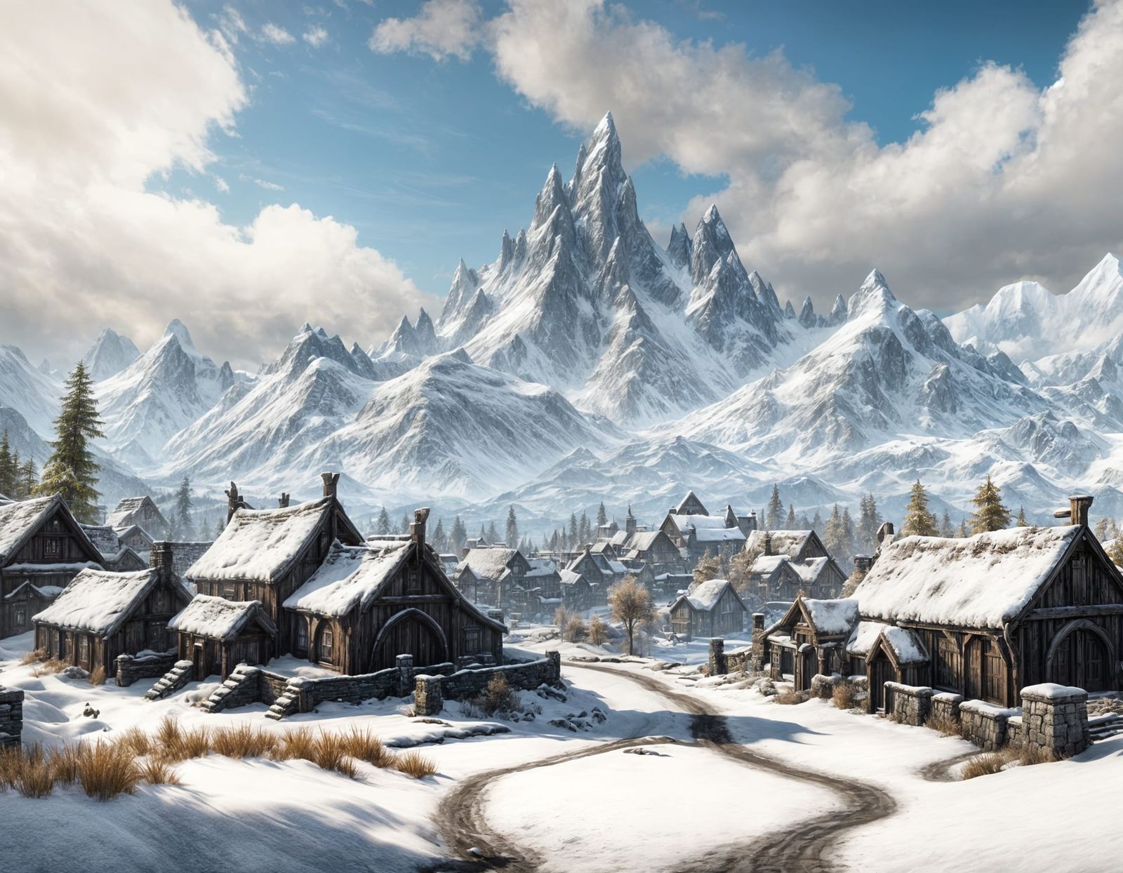 Realistic Whiterun from Skyrim with Snow Mountains
